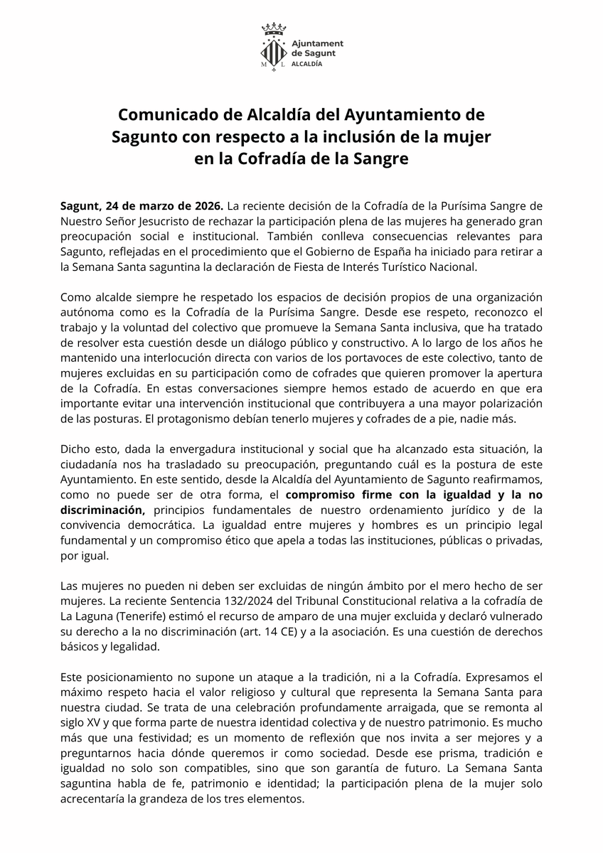 dariomlerga's tweet photo. Comunicado de Alcaldía del Ayuntamiento de Sagunto con respecto a la inclusión de la mujer en la Cofradía de la Sangre https://t.co/WyOLFWZiyz