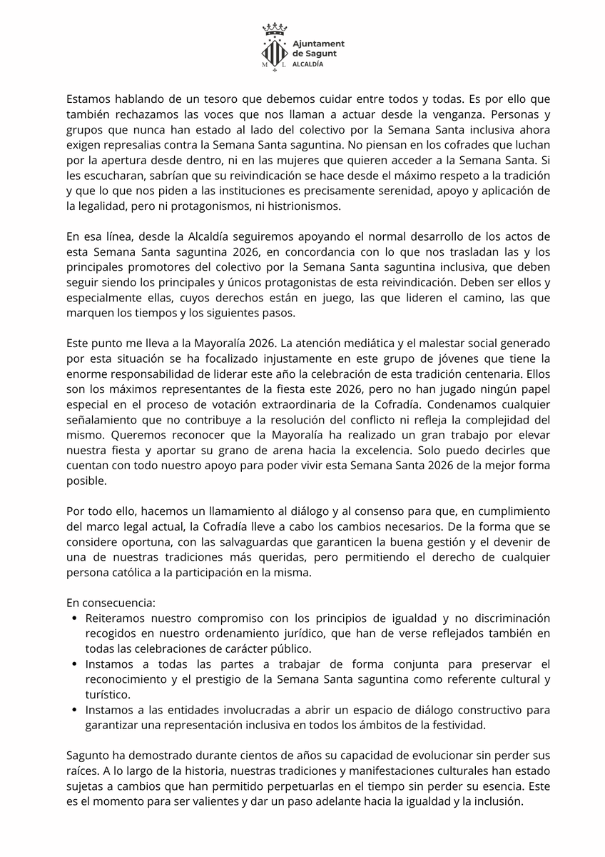 dariomlerga's tweet photo. Comunicado de Alcaldía del Ayuntamiento de Sagunto con respecto a la inclusión de la mujer en la Cofradía de la Sangre https://t.co/WyOLFWZiyz