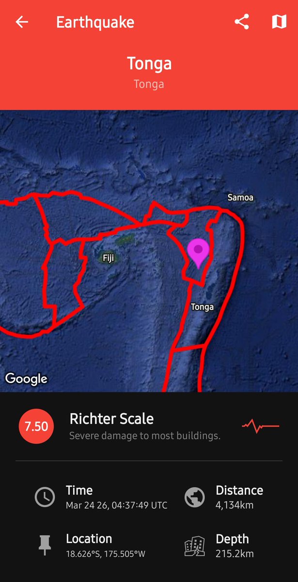 jacobwoning's tweet photo. A 7.5 earthquake has occurred in Tonga. Currently no #Tsunami warning in place. https://t.co/KmP7dxdkyQ