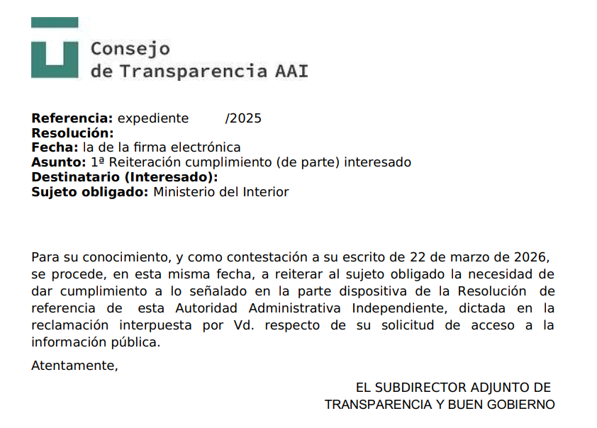 Mire <a href="/MercedesDS21/">Mercedes González</a> 
Por lo que sea, la <a href="/guardiacivil/">Guardia Civil</a> no está cumpliendo las resoluciones que le obligan a dar información.
La solicité en el mes de agosto. Ha hecho falta una resolución del Consejo de Transparencia, pero ni con esas.
Esta es la institución que usted dirige.