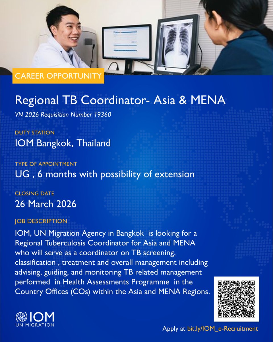 We are #hiring! If you are seeking a role that offers dynamic and exiting management of #TB consider exploring opportunities at <a href="/IOMAsiaPacific/">IOM Asia-Pacific</a>  that focus on #Migrant #Health programming and initiatives. Hurry up, just 2 more days until #VN closes!👇#WorldTBDay <a href="/Health_IOM/">IOM Migration Health</a>