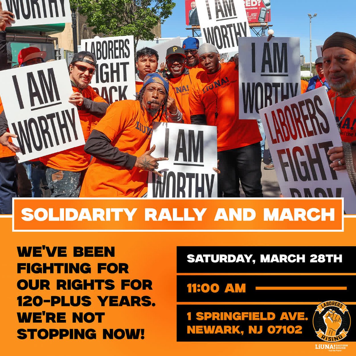 LiUNAEasternReg's tweet image. 📢 @LIUNA NJ Members—RALLY ALERT!

THIS Sat., March 28.
11 AM
1 Springfield Ave., NEWARK, NJ
Wear your #LIUNA colors.

We've been fighting for our rights for 120+ yrs &amp;amp; we're not stopping now!

Let's show folks what we mean when we say #Solidarity is a VERB!