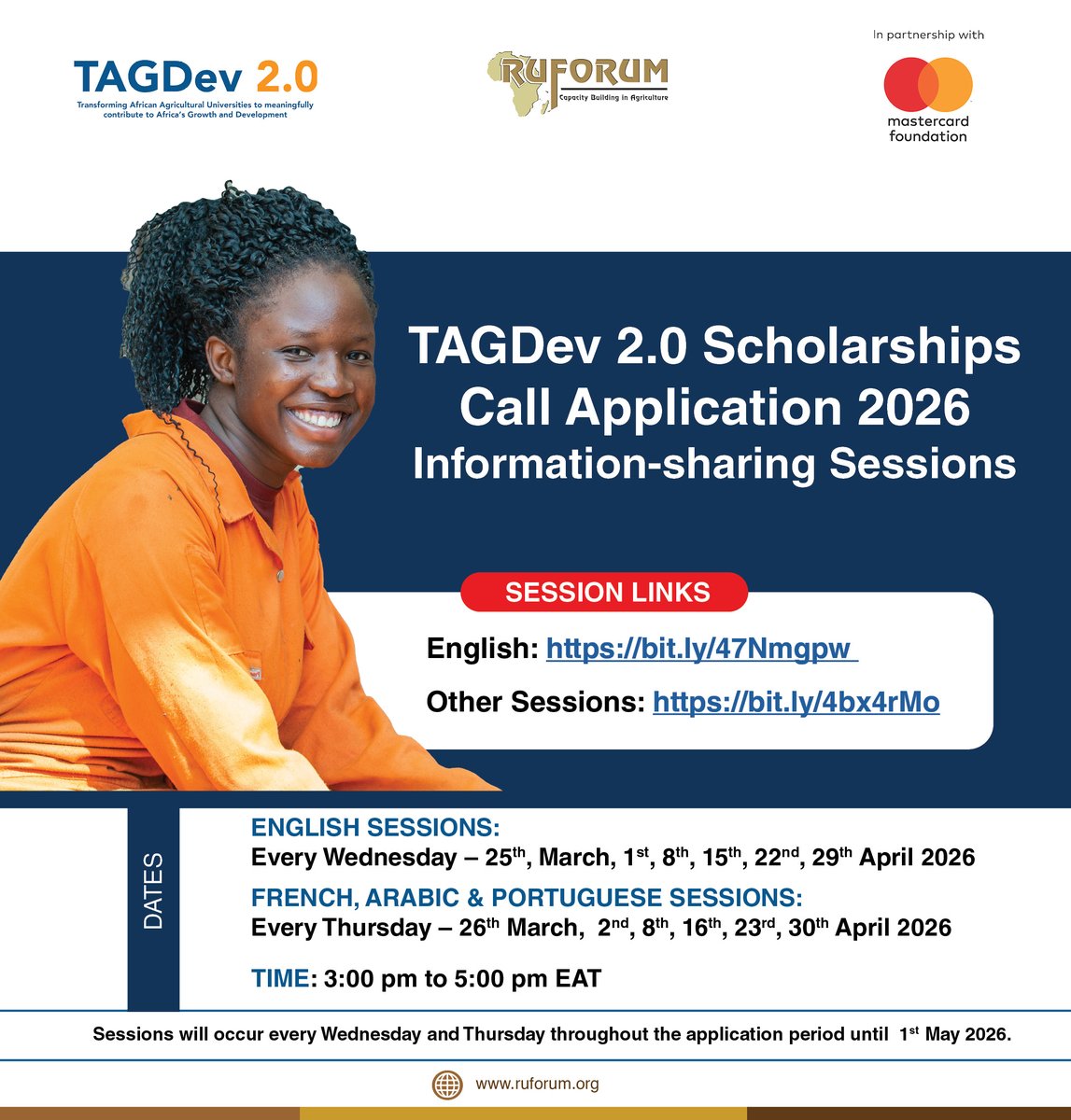 📌Interested in applying for the recently announced TAGDev 2.0 Scholarship?

Join our information-sharing sessions and get all the guidance you need to submit a strong application. 🎓

English: bit.ly/47Nmgpw 

French, Protuguese &amp; Arabi : bit.ly/4bx4rMo