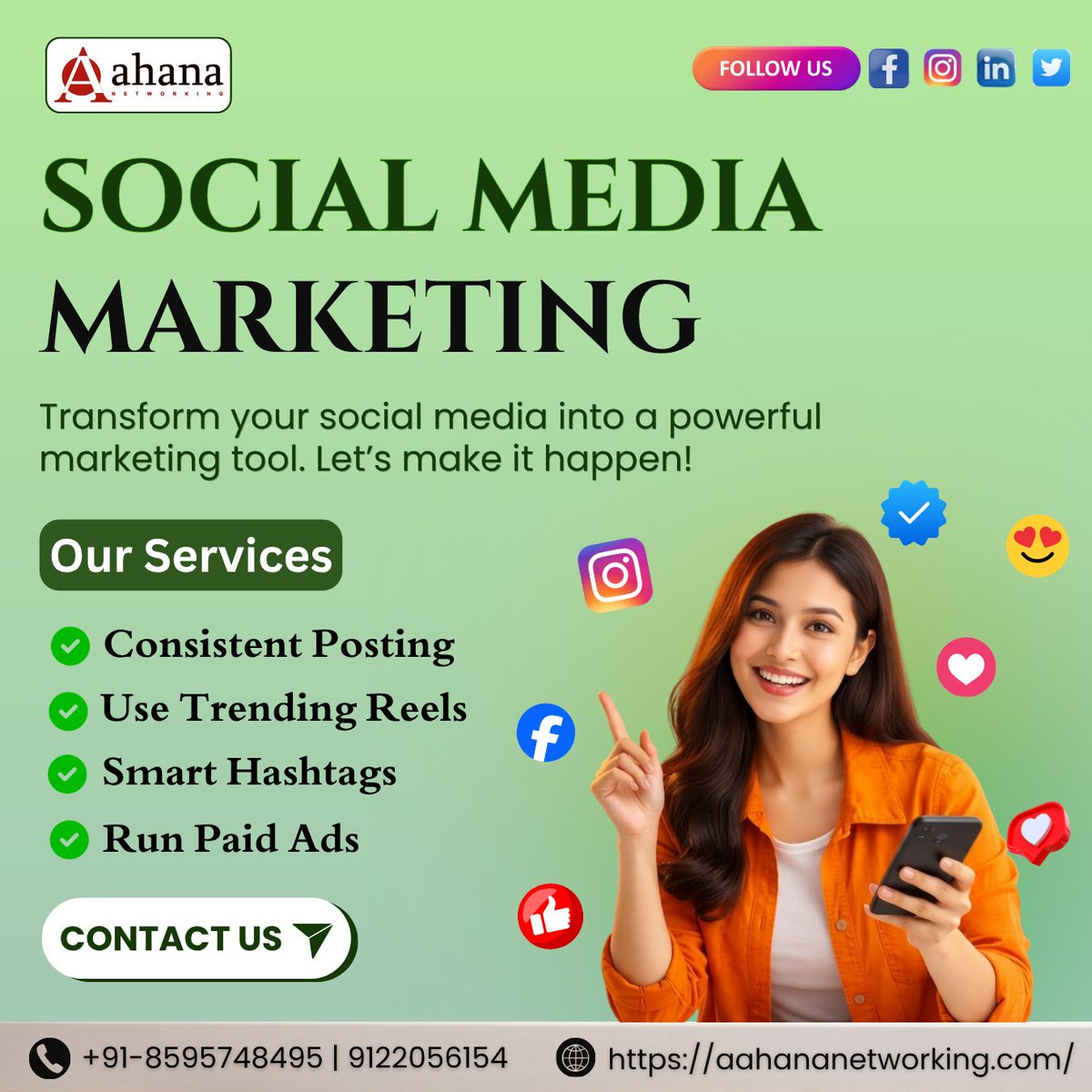 AahnaNetworking's tweet photo. Grow your business with powerful Social Media Marketing 🚀
Reach the right audience &amp; boost sales with Aahana Networking.
DM now 📩
📞 +91-8595748495
📩aahnanetworking@gmail.com  
🌍https://t.co/yj4WHTBeJS
#SocialMediaMarketing #StartupIndia #MarketingStrategy #AahanaNetworking https://t.co/APE6QFMSSw