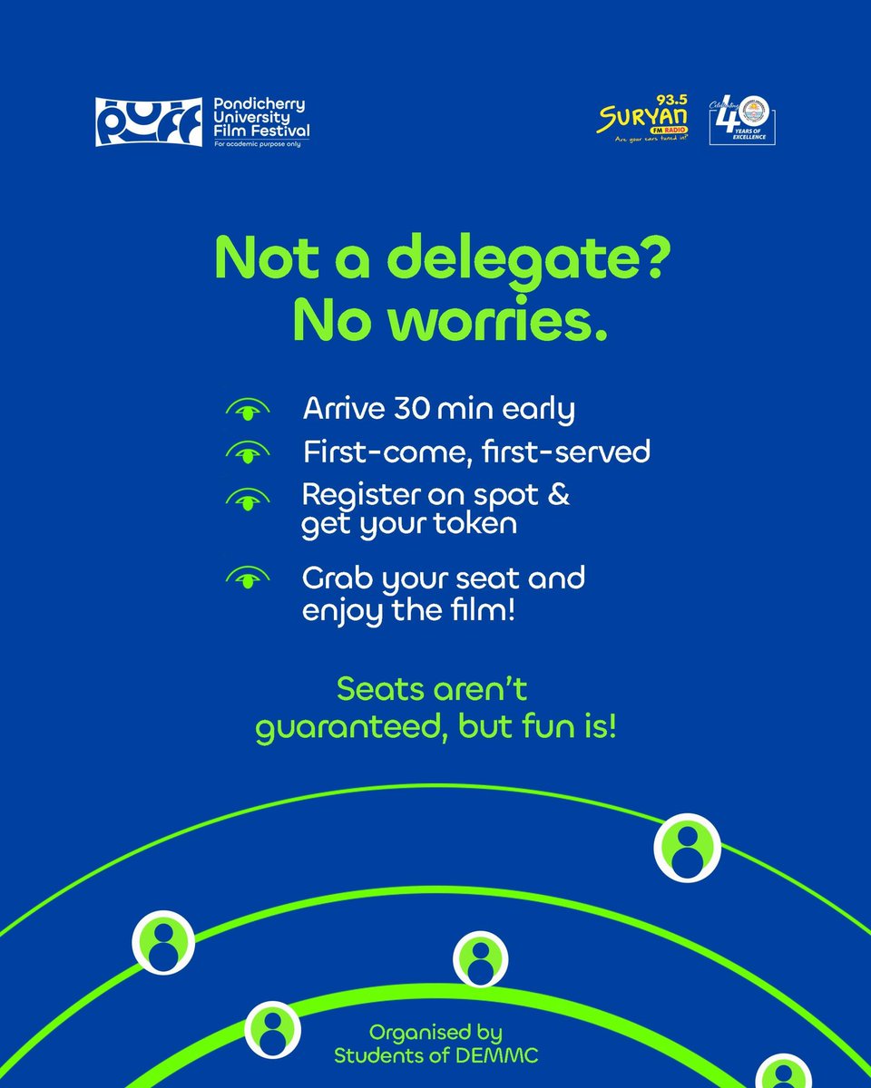 2026Puff's tweet photo. Spot registrations are open for PUFF 2026. Arrive at the venue (DEMMC), register at the help desk, collect your token, and head in for the screenings. Seats are limited, so come early. https://t.co/7MN7FK139W
