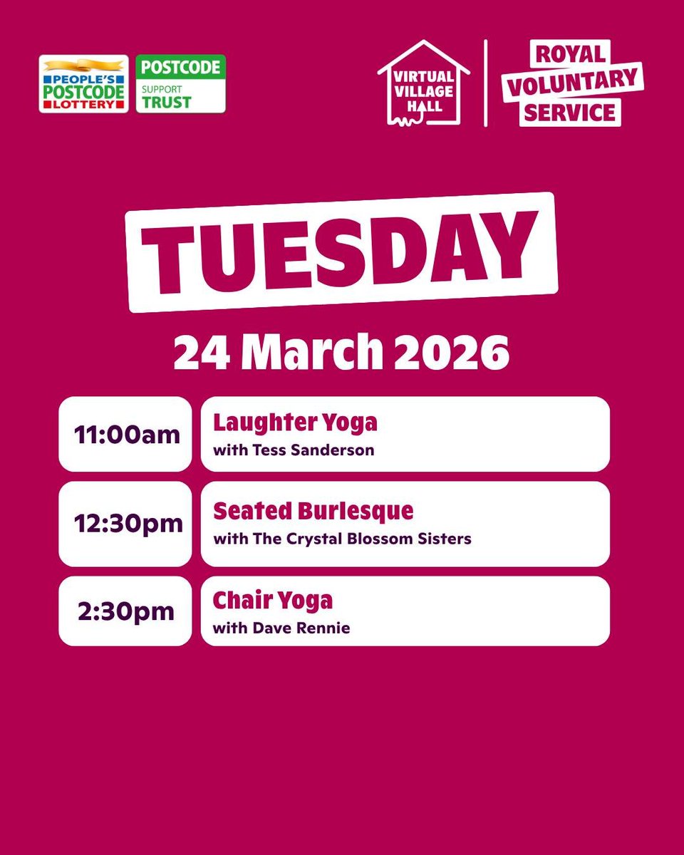 Stag_RosePPG's tweet image. #tuesday Virtual Villagers! 🙌🏼 if you can't get out, you can still JOIN IN!! #BeActive at home.

@VirtualVillHall👇🏼Head to the 'Events' tab at the top of their page to join in LIVE!

All sessions are brought to you by Royal Voluntary Service🎉

facebook.com/VirtualVillage…