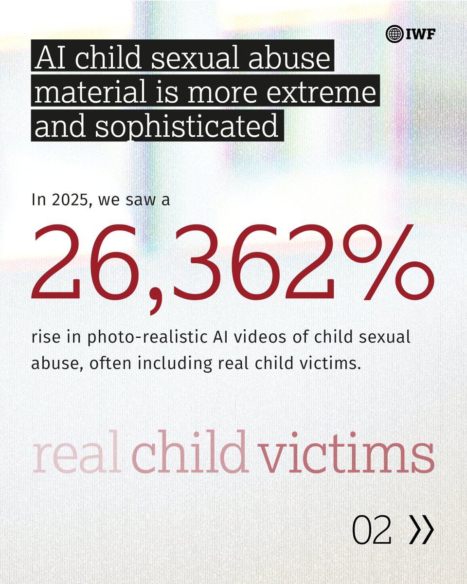 IWFhotline's tweet photo. Our latest report published today reveals that AI generated child sexual abuse material (CSAM) is increasing in scale, sophistication and accessibility. 

“Each and every item of AI CSAM is a violation of the most basic rights to safety, dignity, and childhood itself,” says our CEO Kerry Smith. 

“We cannot tackle this risk alone. We need safety by design embedded as a non-negotiable in AI development with clear standards set by governments. 

“We have an opportunity now. We must not waste it.” 

Read more at https://t.co/O9ZcZxupZ7