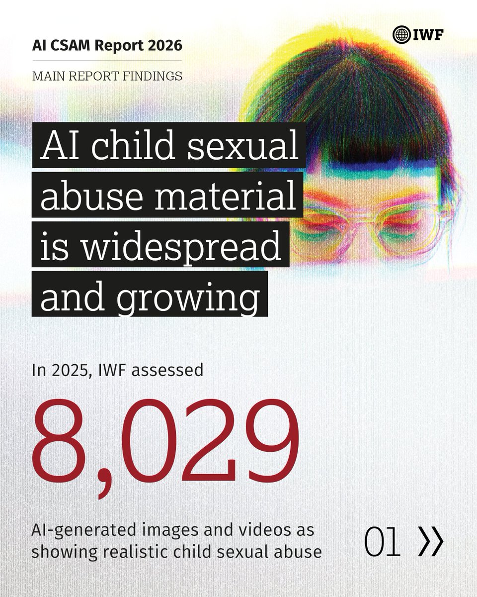 IWFhotline's tweet photo. Our latest report published today reveals that AI generated child sexual abuse material (CSAM) is increasing in scale, sophistication and accessibility. 

“Each and every item of AI CSAM is a violation of the most basic rights to safety, dignity, and childhood itself,” says our CEO Kerry Smith. 

“We cannot tackle this risk alone. We need safety by design embedded as a non-negotiable in AI development with clear standards set by governments. 

“We have an opportunity now. We must not waste it.” 

Read more at https://t.co/O9ZcZxupZ7