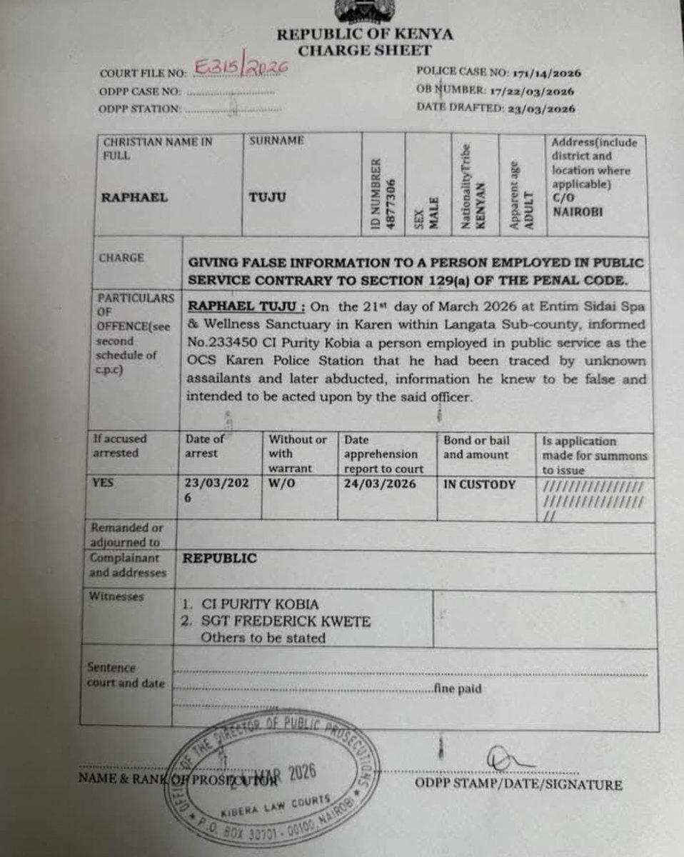 Raphael Tuju charge sheet. Being charged with giving false information