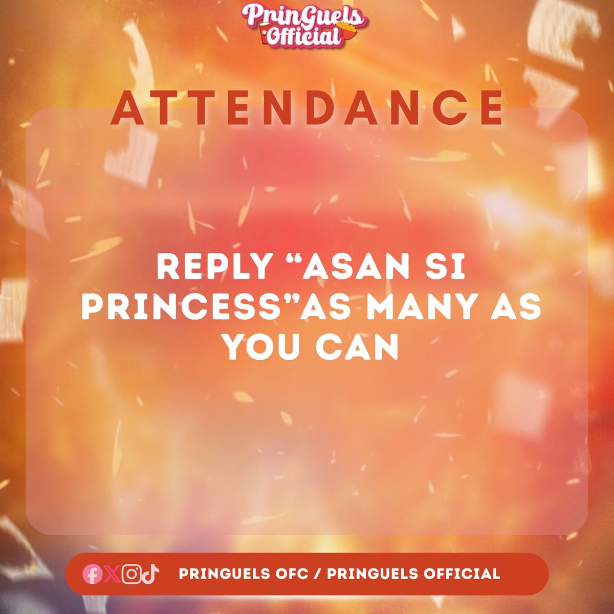 pringuelofc's tweet photo. 𝐀𝐓𝐓𝐄𝐍𝐃𝐀𝐍𝐂𝐄 𝐂𝐇𝐄𝐂𝐊

Let me see your support! Comment “Asan si princess” as many as you can

Official Tagline: PRINGUEL FEUDing FAMILY https://t.co/vBQdnSsL38