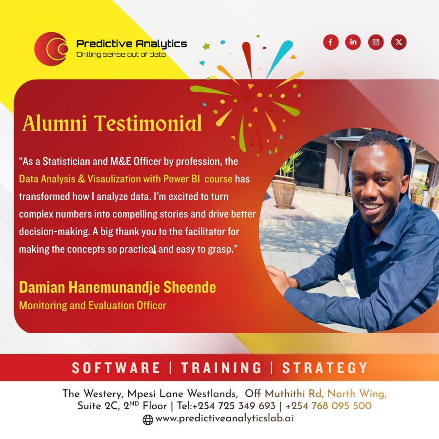 “As a Statistician and M&amp;E Officer, this course transformed how I analyze data, turning complex numbers into compelling stories and better decisions.”
 If you too are ready to sharpen your skills this is your sign. Register here: predictiveanalyticslab.ai/power-bi-for-b…
#DataAnalytics #PowerBI