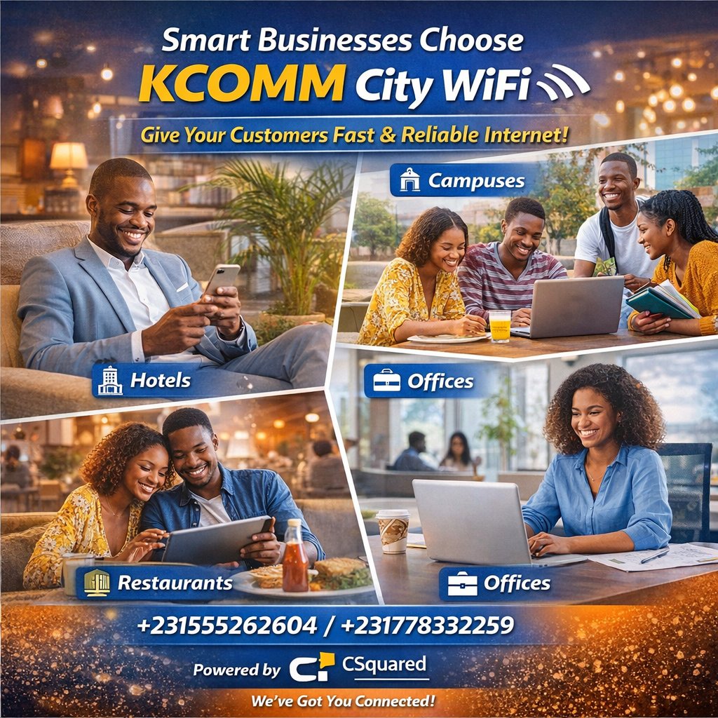 kcomm4499's tweet image. Smart Businesses Choose KCOMM

Run your business smarter with KCOMM City WiFi .
Hotels, restaurants, campuses, and offices — give your customers the connection they deserve!

📞 +231555262604 / +231778332259
Powered by CSquared !
We’ve Got You Connected!

#KCOMM #BusinessLiberia