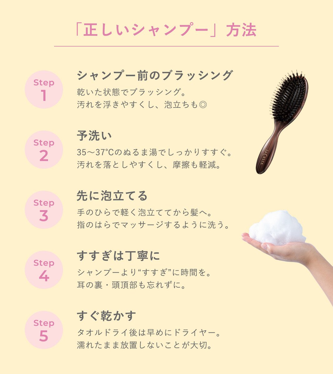 LaCASTA_jp's tweet image. ＼「正しいシャンプー」できていますか？／

仕上がりの違いは、洗い方から。

✔ 乾いた状態でブラッシング
✔ ぬるま湯でしっかり予洗い
✔ 泡立ててからやさしく洗う
✔ すすぎは丁寧に
✔ タオルドライ後はすぐ乾かす

毎日の積み重ねが、健やかな髪への近道です🌿

#ラカスタ
#LaCASTA