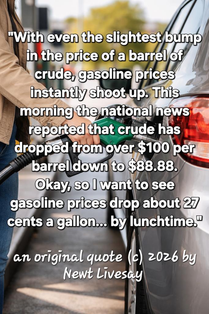 NewtLIvesay's tweet image. Gasolene up a $1.00 a barrel- pump price up  instantly .25 cents.  #GasolenePrices #OilPrices #PriceGouging #EightyEightEightyEight #quote #LivesayQuotes