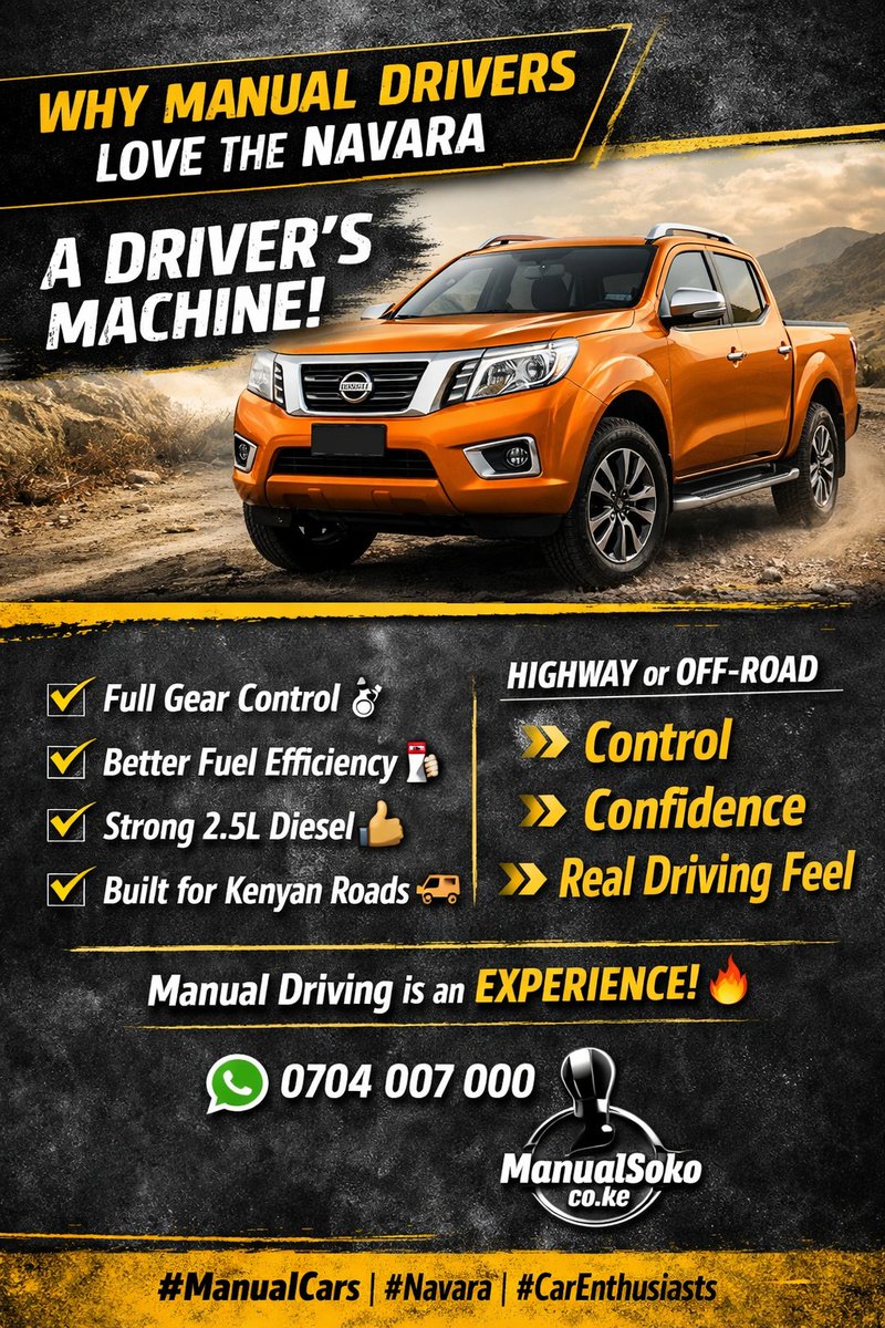 ManualsKE's tweet photo. Model: Nissan Navara
Body Type: 🛻 Pick-Up
Color: 🟠 Orange
Engine: 🔧 2,500cc (2.5L Diesel)
Fuel Type: ⛽ Diesel
Transmission: 🕹️ Manual (MT)
Drive: 🚘 2WD
Steering: ↪️ Right-Hand Drive (RHD)
Mileage: 📍 140,000 km https://t.co/Az1jjXKJmo