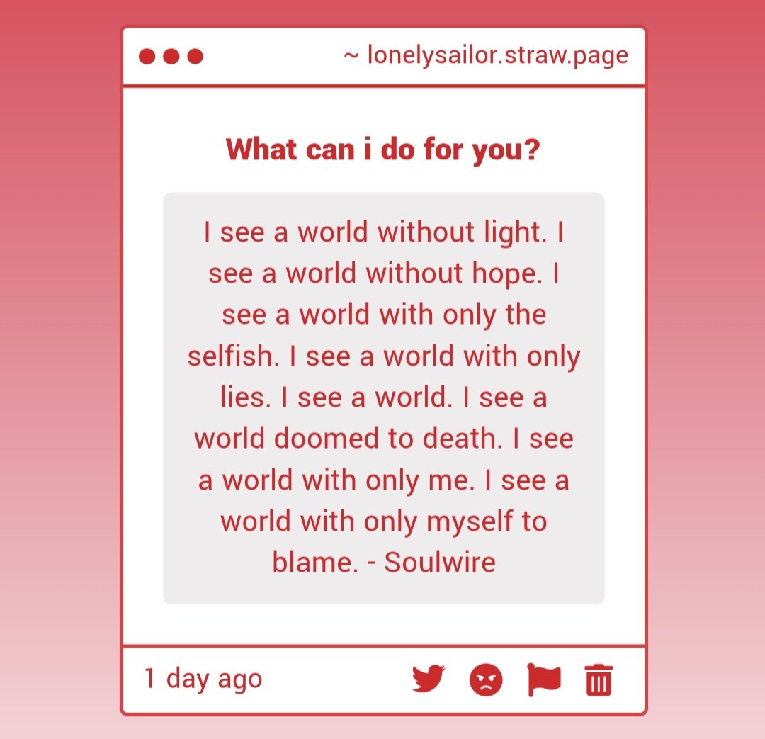 Sailthesewaves's tweet photo. The doom of a world is objectively impossible to fall on only one's hands. May it be humanity or another, the elements of it cooperate together and create different outcomes depending on their choices  .. It is not all your fault, no matter what you have done. https://t.co/E75WwYphD2