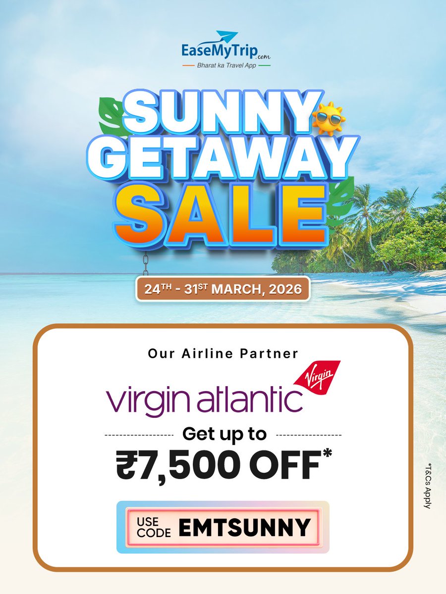 EaseMyTrip's tweet image. Ever wondered what the perfect getaway feels like? Why not find your perfect match with Virgin Atlantic to London &amp;amp; USA? ✈️
Stylish journeys &amp;amp; iconic cities.

Use Code: EMTSUNNY and get up to ₹7,500 OFF.*
*T&amp;amp;C apply.
.
.
.
#SunnyGetawaySale #TravelDeals #SummerTravel