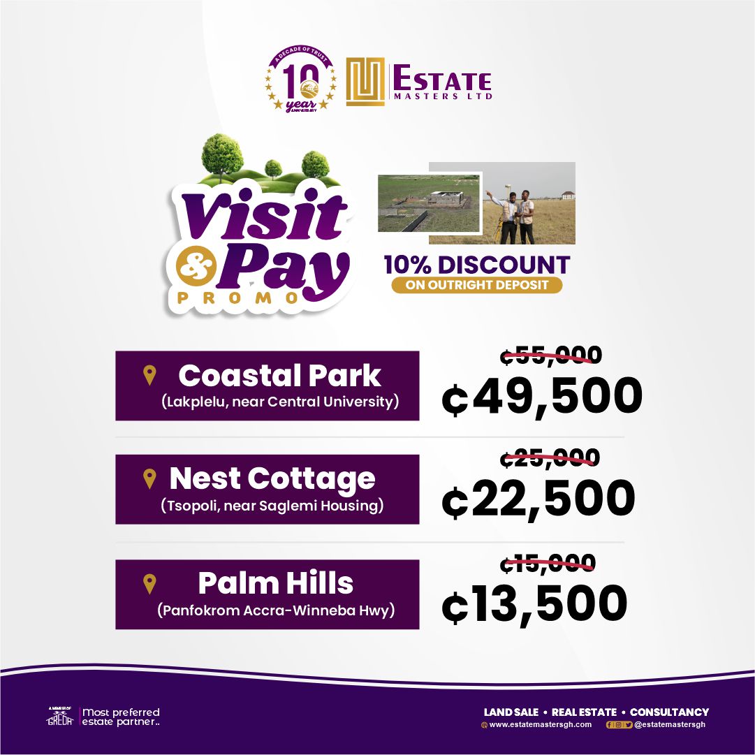 estatemastersgh's tweet image. The Visit &amp;amp; Pay Promo is back again! 
Get an exclusive 10% discount on outright land purchases.

Secure your plot today, don’t miss this opportunity.
Visit: estatemastersgh.com
WhatsApp/Call: 024 136 3794

#EstateMastersGH #LandForSale #GhanaRealEstate #LandToBuy