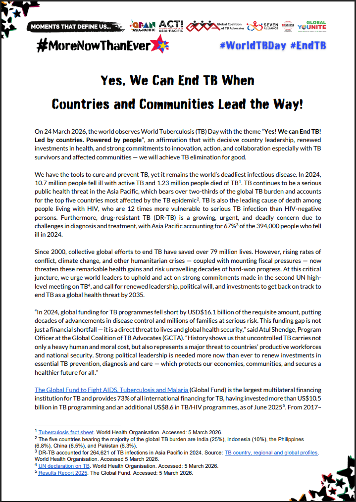 GFANAP's tweet photo. This #WorldTBDay, GFAN AP, #ACTAP #GCTA @sevenallianceap @realTBpeople @YOUNITE__Global call on world leaders, donors &amp; decision-makers to strengthen investments, commitments and collaboration with TB communities to #EndTB for good! 🫁✊ #LetCommunitiesLead https://t.co/6Yc8R5KTkj
