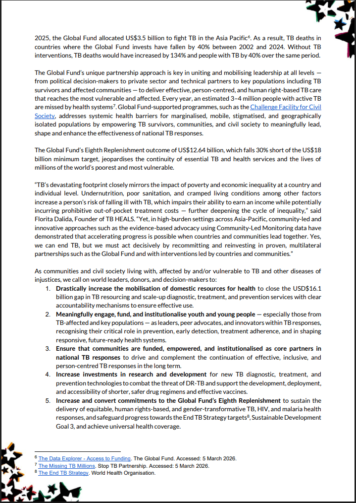 GFANAP's tweet photo. This #WorldTBDay, GFAN AP, #ACTAP #GCTA @sevenallianceap @realTBpeople @YOUNITE__Global call on world leaders, donors &amp; decision-makers to strengthen investments, commitments and collaboration with TB communities to #EndTB for good! 🫁✊ #LetCommunitiesLead https://t.co/6Yc8R5KTkj