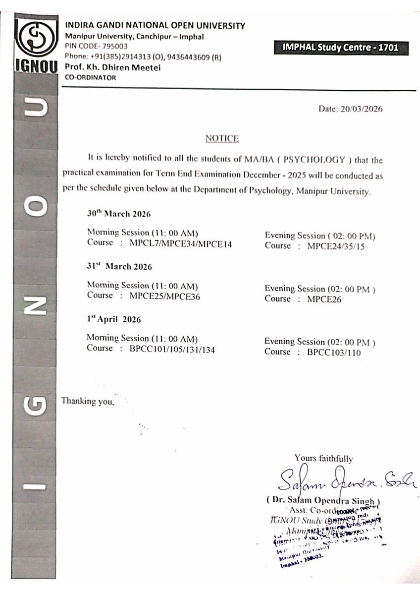 Notification for MA/BA Psychology Practical TEE of December TEE 2025: RC Imphal