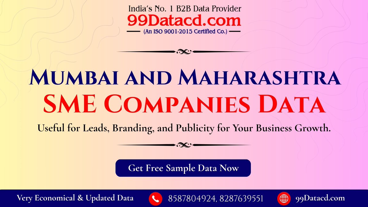 datacdprovider's tweet photo. 3.17 Lac Mumbai and Maharashtra SME Companies List
Visit: https://t.co/MDHv0tSH0d
.
#Mumbaismecompanieslist #MumbaiSmallandMediumCompanies #listofSMEcompaniesinMumbai #topmumbaismecompanies #smecompaniesinMumbai #Maharashtrasmecompanieslist #99datacd https://t.co/VzLOYI71PH