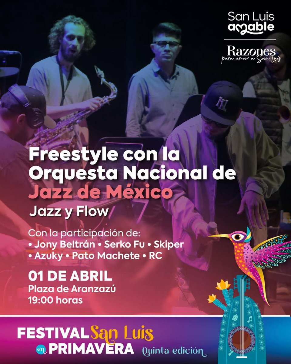 EventoSanLuis's tweet photo. Prepárate para vivir una noche única donde la improvisación del jazz se fusiona con el flow del freestyle, en un espectáculo lleno de talento y energía junto a la Orquesta Nacional de Jazz de México

📅 1 de abril
📍 Plaza de Aranzazú
⏰ 19:00 horas

#FestivalSanLuisEnPrimavera https://t.co/R0JMdRBemZ