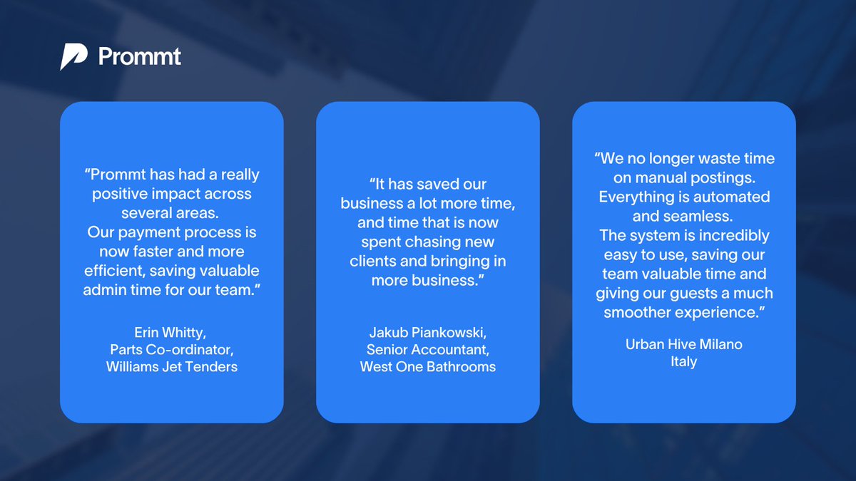 PrommtHQ's tweet photo. Prommt clients are all saying the same: Prommt saves time.

If saving time and streamline your payment operations is a priority for your business this year, let’s talk 👉 https://t.co/WZfhbEfTKU

#SendaPrommt #PaymentOrchestration #RemotePayments #PaybyBank #PaymentLinks https://t.co/5WuUbq4qBV