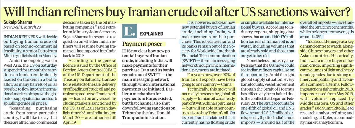 imRavikantYadav's tweet photo. Will Indian refiners buy Iranian crude oil after US sanctions waiver
:Details by Sh Sukalp Sharma
@sukalp4
#usairan #IranWar #CrudeOil #IranianOil #Sanctions
#India #Refiners
#UPSC
Source: IE https://t.co/SVoAWD1QgM