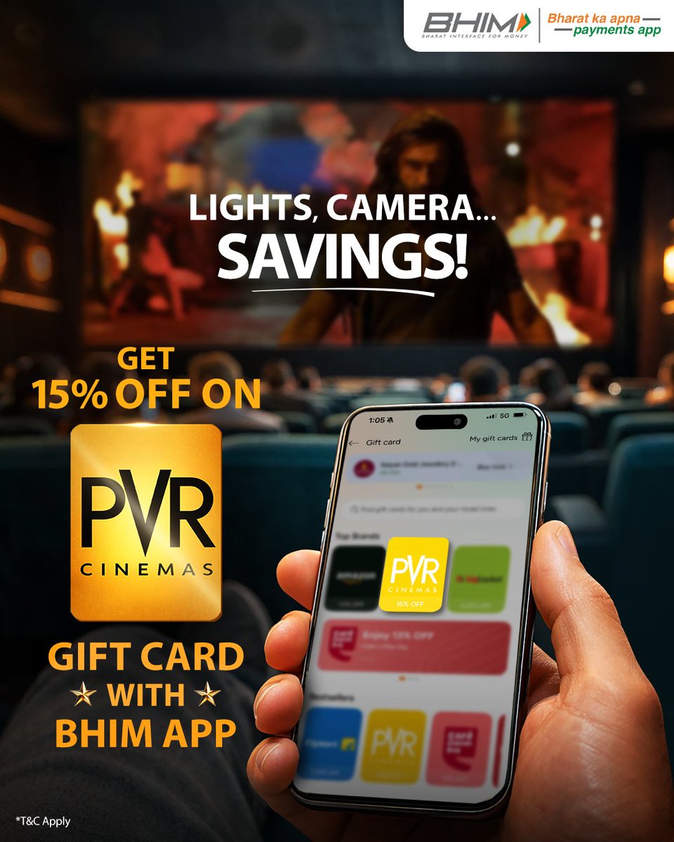 discountsdeck's tweet image. Don’t just hear about it, but experience it!

Watch Dhurandhar: The Revenge at PVR and get 15% off using the BHIM App Gift Card 🎬

Download Now:
bhimap.onelink.me/N14i/tqrpmo7r

#BHIMPaymentsApp #Collab #SeamlessPayments #PVR #Dhurandhar