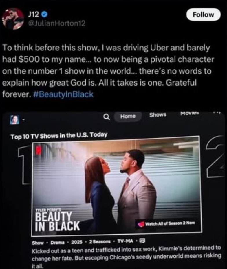 yabaleftonline's tweet image. Roy Belair from Tyler Perry’s Beauty in Black, Julian Horton, reveals he was driving Uber with barely $500 to his name before the show came calling.
