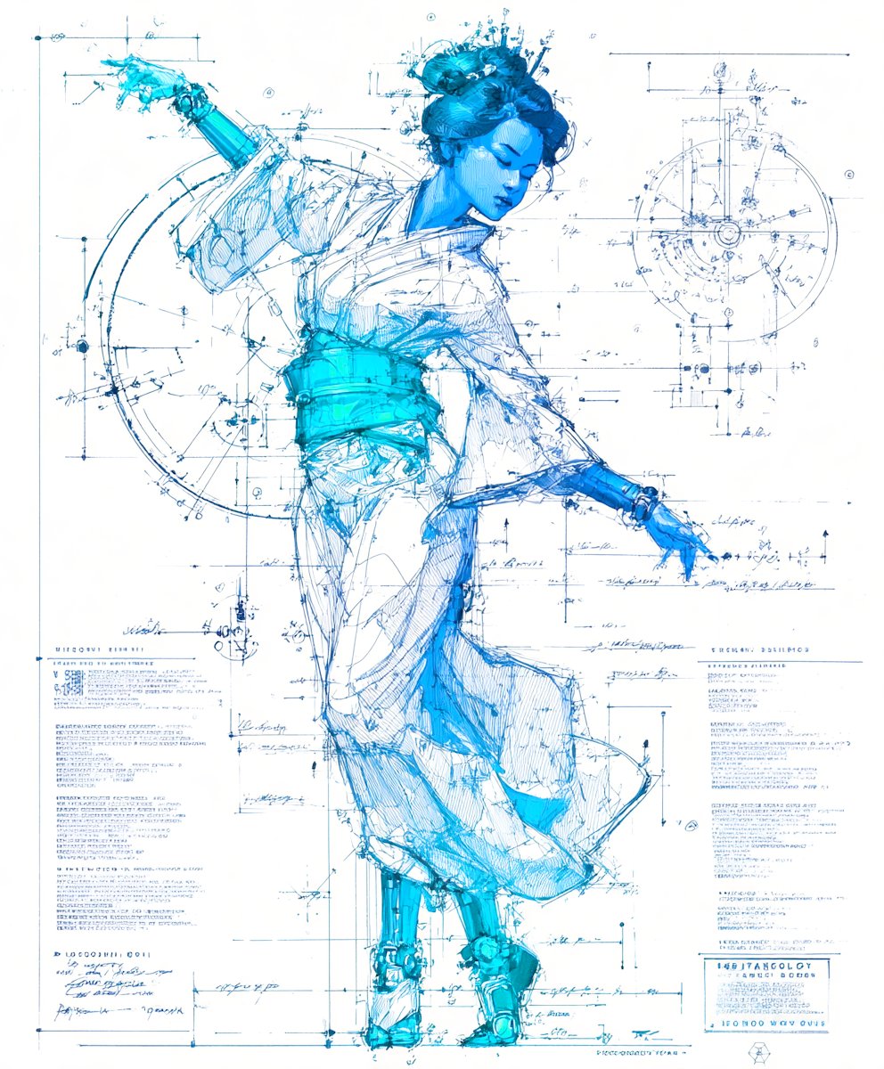 phokuinc's tweet photo. A beautifully crafted blueprint of a retro-futuristic Onna Kabuki reimagined as an engineering marvel in Fine linework, crisp schematics, and sci-fi vibes on a clean white canvas. #AIart #Blueprint #SciFiDesign #MidJourney #RobotArt https://t.co/W9bhlg7eRX