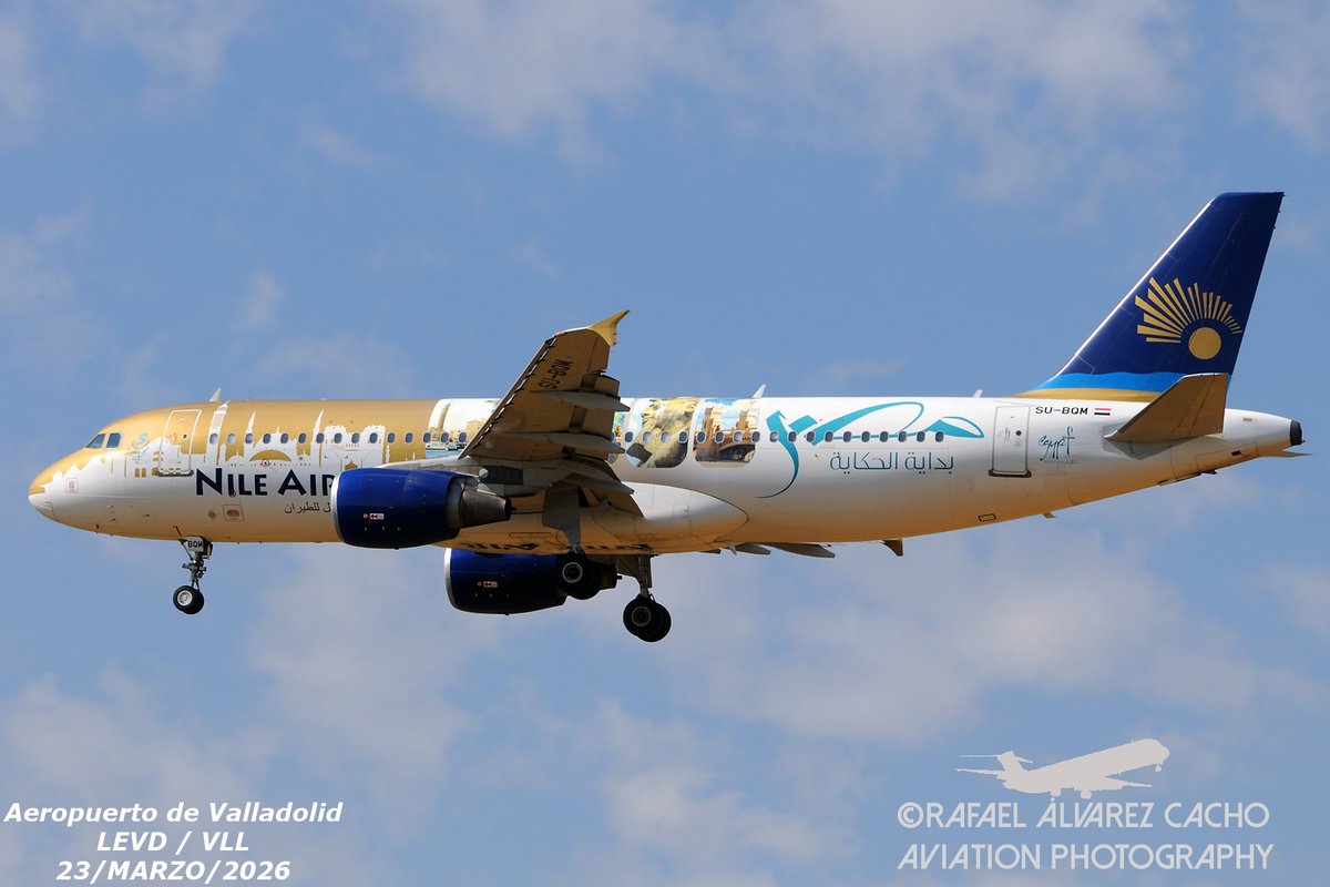 El domingo 22 de Marzo recibimos en <a href="/AeropuertoVll/">Aeropuerto de Valladolid</a> este <a href="/Airbus/">Airbus</a> #A320 de <a href="/nile_air/">Nile Air</a> bellamente decorado #Egyptcolours llegando desde Aeropuerto #Valencia (LEVC/VLC) como NIA6712/NP671, posteriormente volaría hacia El #Cairo  (HECA/CAI)🇪🇬 con el mismo indicativo.#Egyptcolourscheme.