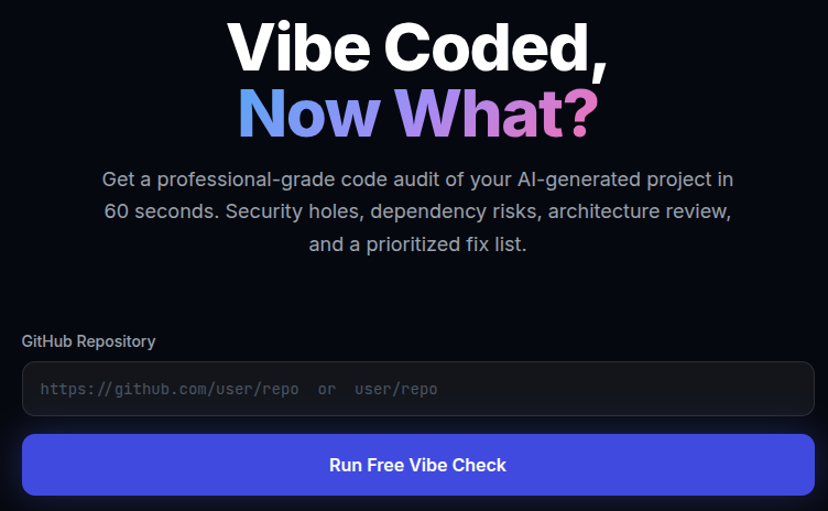 Previously mentioned builds:
AI NEWS FOCUSED ON AGENTS: aitools.wick.pics/news.html
PFP RINGS: pfp.wick.pics

Today's Shout-out:
audit.wick.pics
Run a free audit on your vibe-coded github repo to check for common issues.
