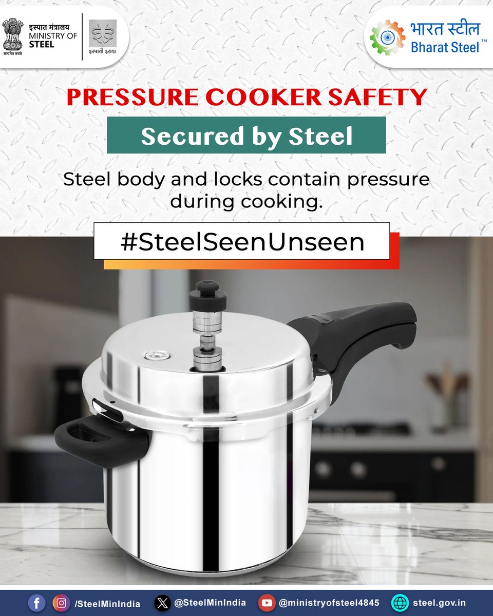 SteelMinIndia's tweet image. Pressure cookers use steel bodies and locking mechanisms to contain steam pressure generated during cooking.
Steel supports cooking methods that are commonly used in households every day.
#SteelSeenAndUnseen #KitchenSafety #StainlessSteel #DailyCooking