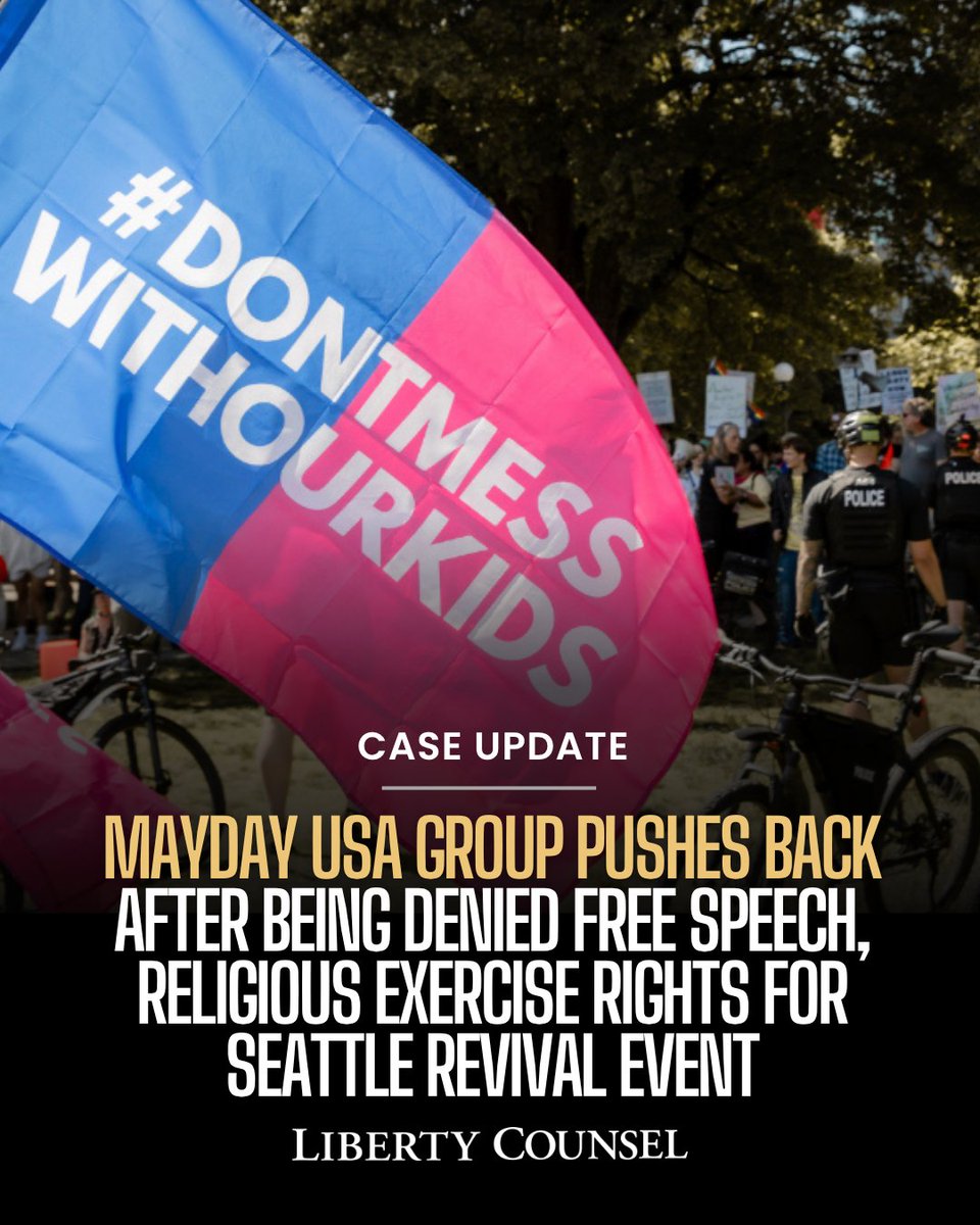 libertycounsel's tweet photo. 🚨Case Update 🚨We will file an appeal to the Ninth Circuit Court of Appeals in Russell Johnson et al v. City of Seattle et al after the district court denied its motion for a preliminary injunction against Seattle’s unconstitutional event permit process.

In May 2025, Seattle unlawfully denied the organizers of the grassroots revival event Mayday USA a permit to peacefully assemble at the traditional Pike Street downtown location due to its religious message. Instead, the city steered the May 24, 2025, event to Cal Anderson Park in a predominantly “LGBTQ+ community” where violent attacks from agitators ensued.

The city’s unconstitutional permitting scheme cannot withstand First Amendment scrutiny and causes irreparable harm to free speech.

🔗More on this update: https://t.co/u86sHO8fF0