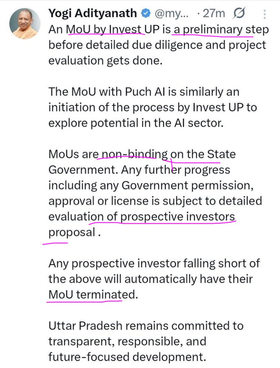 panwarsudhir1's tweet image. #puchAI ने यह तय कर दिया कि #MOU को सरकार की उपलब्धि नहीं माना जा सकता।
मुख्यमंत्री जी स्वयं कह रहे हैं कि MOU कभी भी कैंसिंल किए जा सकते है।
वैसे बिज़नेस मे MOU की परिभाषा उप्र के #मुख्यमंत्री जी की भाषा से थोड़ी अलग है।
