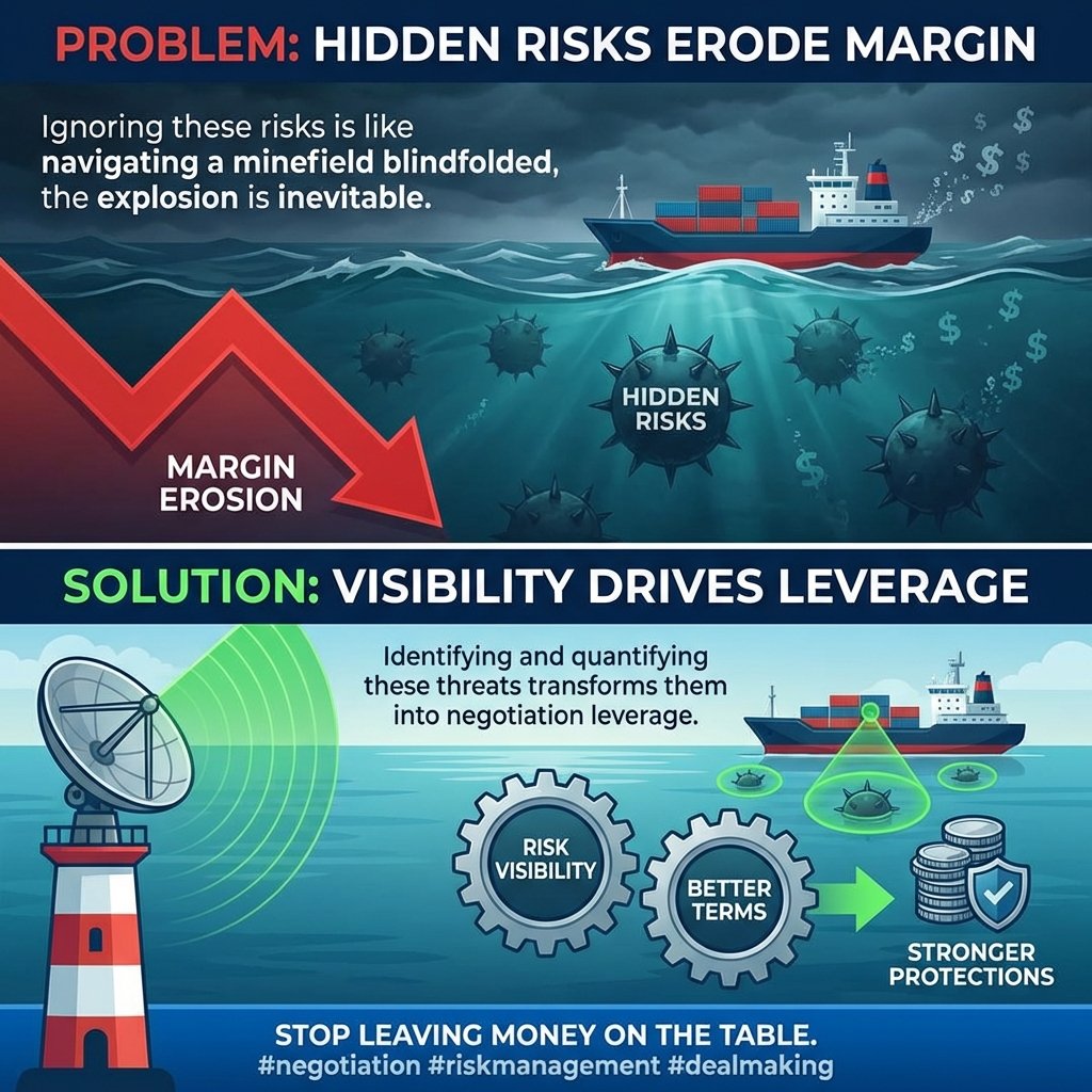jcpotgieter's tweet image. Most margin erosion starts with invisible risk. Identifying &amp;amp; quantifying threats turns them into leverage. Risk visibility drives better terms &amp;amp; protections. #negotiation #riskmanagement #dealmaking