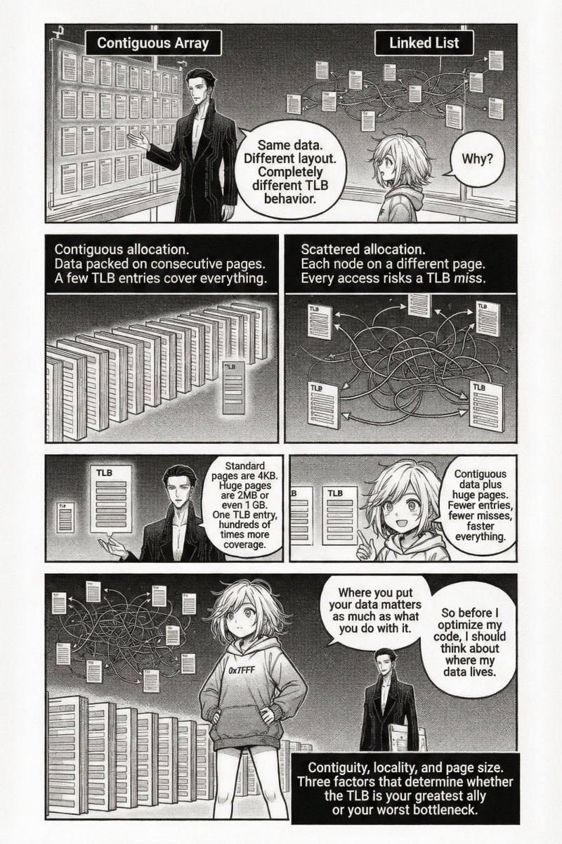 abhi9u's tweet photo. TLB misses are the silent killers of performance. A TLB miss can turn a ~5ns memory access into ~500ns.

Key to avoid this cost is optimizing data layout and access patterns in memory. I tried explaining this with a short comic ↓

(Created with the help of Uni-1 @LumaLabsAI) https://t.co/d8BZRHqOCh