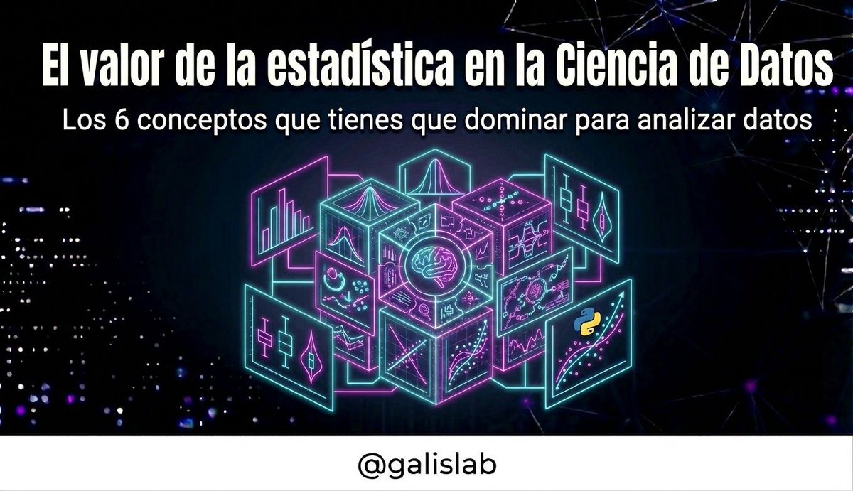 galislab's tweet photo. 🚨 ¿Quieres dedicarte a la Ciencia de Datos y te han dicho que la estadística es muy importante?

Pues si, no basta con saber Python.

La estadística es la clave para entender los datos.

Aquí tienes los 6️⃣ conceptos estadísticos fundamentales que necesitas dominar para analizar datos con criterio:

📊 Visualiza (El Histograma)

El primer error es intentar resumir un millón de datos con un solo número. Eso es imposible. Antes de lanzar modelos complejos, necesitas entender la forma de tus datos.

Un histograma te permite ver cómo se distribuyen los valores (por ejemplo, cuántos amigos tienen los usuarios de tu red social) y detectar si hay algo extraño a simple vista.

🎯 ¿Dónde está el centro? (Media vs. Mediana)

Todos conocemos el promedio (la media), pero tiene un punto débil: es hipersensible a los outliers (valores atípicos).

- El problema: Si en una sala entra una persona con 200 amigos cuando el resto tiene 5, el promedio se dispara y engaña. O como dice la leyenda: si Michael Jordan entra en una clase de geografía, la media de salarios futuros se dispara, pero eso no representa la realidad de la clase.

- La solución: La Mediana. Es el valor central y no le importan los extremos. Si tus datos tienen mucho ruido, fíate más de la mediana.

Hacer ciencia de datos es saber cuándo usar cada una.

💦 La Dispersión (Varianza y Desviación Estándar)

Saber el centro no es suficiente; necesitas saber qué tan dispersos están los datos.

- El Rango (Máximo - Mínimo) es demasiado básico y frágil.

- La Varianza mide cómo se alejan los datos de la media, pero sus unidades son "al cuadrado", lo que la hace difícil de interpretar mentalmente.

- La Desviación Estándar es la reina. Al ser la raíz cuadrada de la varianza, vuelve a tener las mismas unidades que tus datos originales, haciéndola mucho más intuitiva para explicar qué es "normal" y qué es "raro".

🔗 Correlación no es lo que crees

La correlación nos dice cómo se relacionan dos variables (si "X" sube, ¿"Z" sube o baja?).

Pero hay una trampa: una correlación de cero no significa que no haya relación, solo significa que no hay relación lineal. Tus variables podrían tener una relación compleja que la correlación simple no detecta.

🤯 La Paradoja de Simpson

Un concepto un poco más complejo.

Las correlaciones pueden ser totalmente engañosas si ignoras las variables de confusión.

Intento que lo entiendas:

Imaginate dos campañas de marketing (A y B), la Campaña B convierte mejor que la A (30% vs 20%), pero si filtras por dispositivo, la Campaña A gana tanto en Móvil como en PC.

¿La razón? La variable oculta (tipo de dispositivo) distorsionaba el promedio global. Los datos agregados mienten; analiza siempre los subgrupos.

⚠️ La Regla de Oro: Correlación ≠ Causalidad

Que dos cosas se muevan juntas no significa que una cause la otra.

Tienes una red social. ¿Los usuarios pasan más tiempo en tu web porque tienen más amigos? ¿O tienen más amigos porque pasan más tiempo en la web? ¿O es que los usuarios más activos simplemente son más propensos a ambas cosas?.

Nunca asumas la causa de algo sin pruebas.

👉 La estadística nos ayuda a sintetizar y comunicar las características relevantes de nuestros datos.

🚀 ¿Te interesa la Ciencia de Datos o la IA y quieres impulsar tu carrera leyendo posts de este tipo?

🫶🏻 ¡Sígueme y dale like para perderte nada!