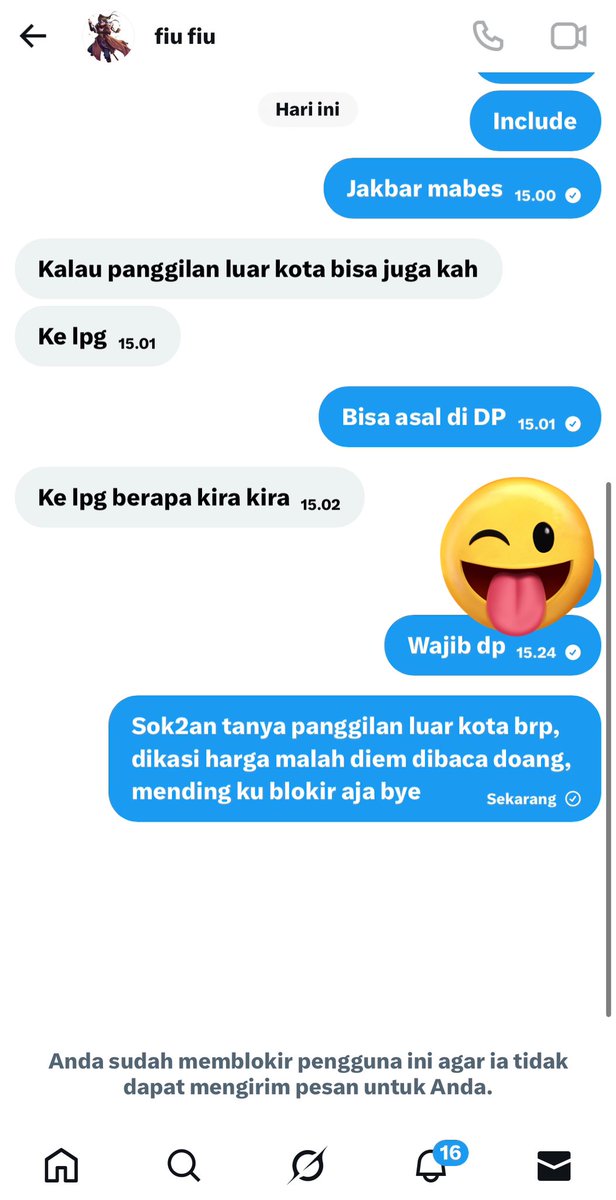 Manusia sok2an ga mampu sok2an tanya panggilan luar kota, cuh halu belangsak jgn sok2an ! Jd gue blokir kan lo
