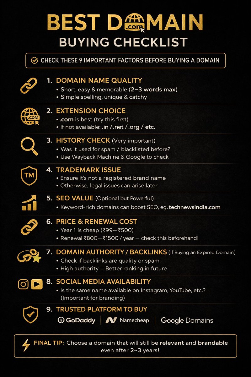 i_dilkash's tweet photo. Buying a domain? Don’t make this mistake! 🚫
Check these 9 important factors before you invest in a domain name.
A good domain = strong brand + better future growth 💡
#DomainTips #WebsiteSetup #OnlineBusiness #BrandBuilding #SEO https://t.co/qII9tgTD29