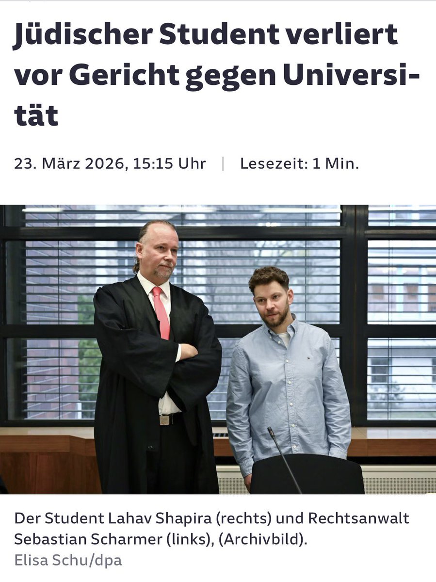 AnnaOdessa13's tweet photo. Das Gericht weist nun seine Klage aus formellen Gründen zurück.

https://t.co/Lm0ckzq0x4…

1972, München: Amitzur Shapira wird bei der Münchner Olympia von „Palästinensern“ ermordet.

2024, Berlin: Sein Enkel Lahav Shapira wird fast totgeschlagen - wieder von einem Mann mit derselben Selbstbezeichnung, „Palästinenser“.

Zufall? Oder eine Kontinuität, die niemand benennen will?

Universitäten lassen Hass eskalieren.
Gerichte weisen Klagen ab.

Welche Botschaft sendet das?
Dass jüdisches Leben erneut nicht geschützt wird?

#LahavShapira
#Munich1972
#NeverAgainIsNow
#Antisemitism
#JewishLivesMatter
#Germany