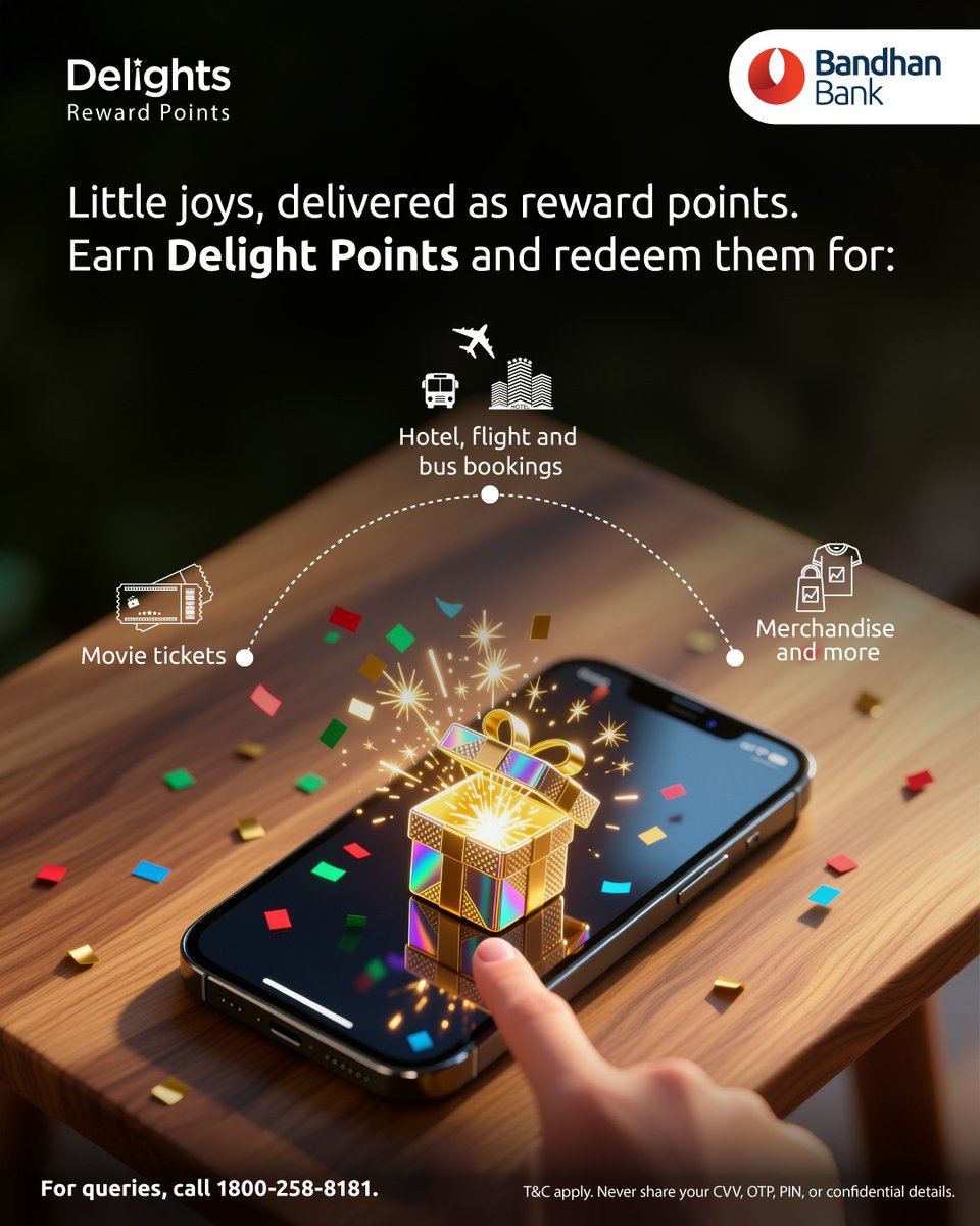 Because banking should come with a smile. Earn reward points on debit card and digital banking spends.

Check your Delight Points here: delights.bandhanbank.com/?utm_source=so…

T&amp;C apply. #DelightPoints #RewardPoints #EarnPoints #BandhanBank