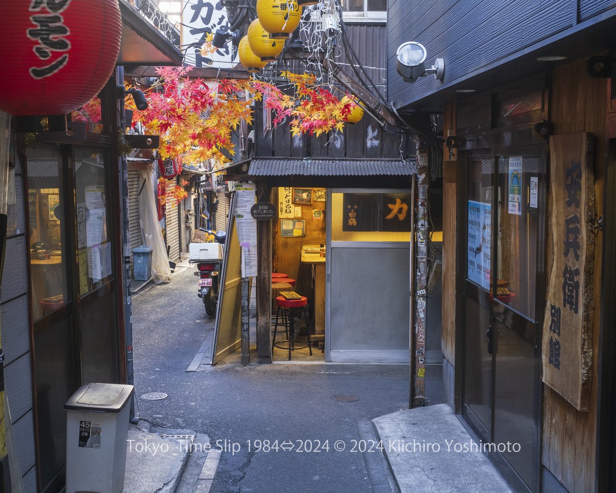 煙と灯りに、引き込まれる。

新宿思い出横丁 1984⇔2023

横丁の中央、クランクに位置するのが、
1948年創業のうなぎ串焼き「カブト」

街は変わる。
記憶は、写真の中に残る。

⚠️1984画像は生成AIでカラー化   #TokyoTimeSlip #JapanesePhotography #Rephotography