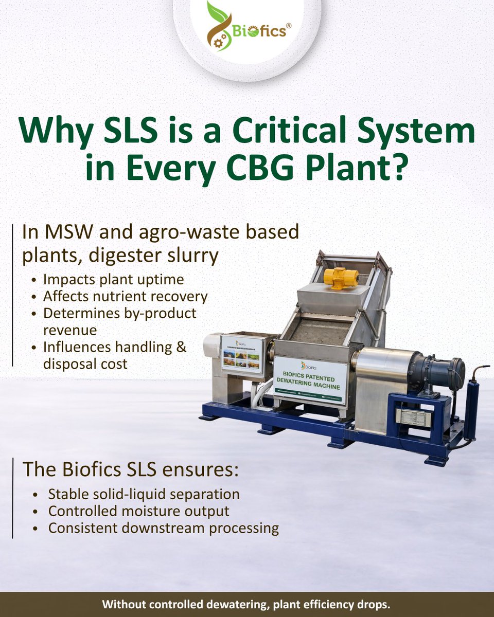 bioficspvtltd's tweet photo. In Bio-CBG plants, slurry management directly impacts uptime, yield and costs.
Biofics Patented SLS™ delivers precise dewatering, stable separation and better plant economics.
Two-stage system. Controlled 30–50% moisture output.
#BioCBG #BiogasPlant #WasteToEnergy #Biofics https://t.co/jkMfDwcztn