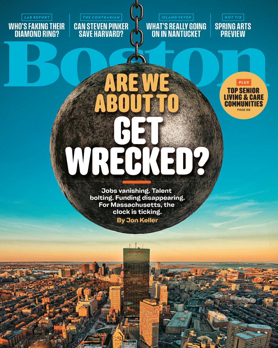 BostonMagazine's tweet photo. Companies are fleeing, residents are bolting, colleges are closing, hospitals are bleeding, and the federal government is rerouting our funding to red states. Should we be worried? The indicators are hard to ignore. Read more at the link. https://t.co/gVv9RbqEmV https://t.co/w2jS6JGXRZ