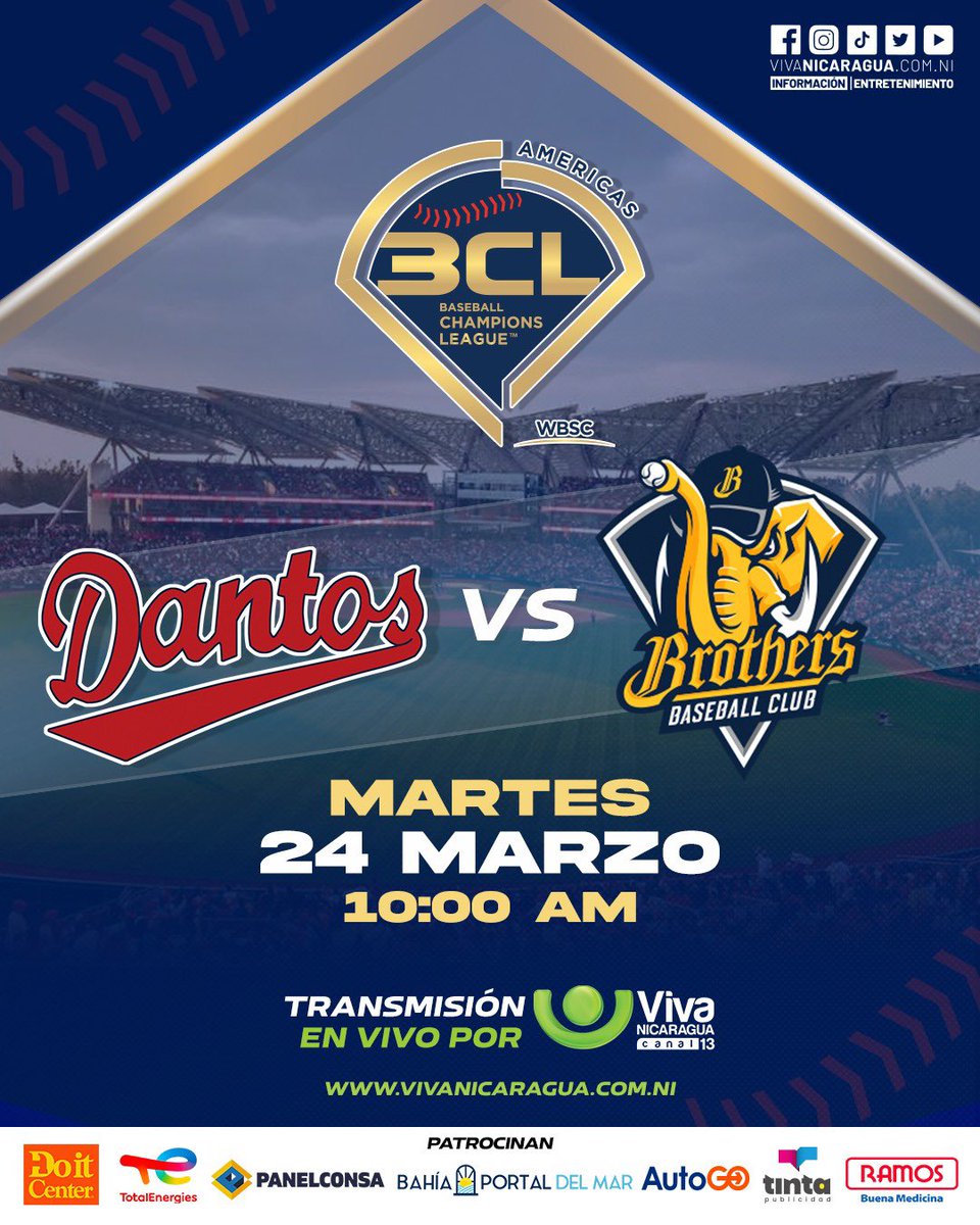 VivaNicaragua13's tweet photo. ⚾🔥 ¡Día de juego!
Los Dantos se enfrentan a Brothers Baseball Club en la BCL Américas 🏆💥
⏰ 10:00 AM
📺 Transmisión en vivo por Viva Nicaragua, Canal 13
¡No te lo perdás! 🙌
#BCLAmericas #Dantos #BrothersBC https://t.co/wf6HQXMMa2