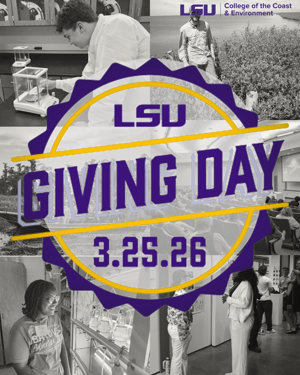LSU_CCE's tweet photo. Hey Tigers! 

Tomorrow’s the day for you to show your support  protect our coast and environment, make groundbreaking discoveries, and inspire the next generation of coastal leaders. 

Join us for Giving Day: https://t.co/t9SruFx1kC https://t.co/G89YMwXGi7