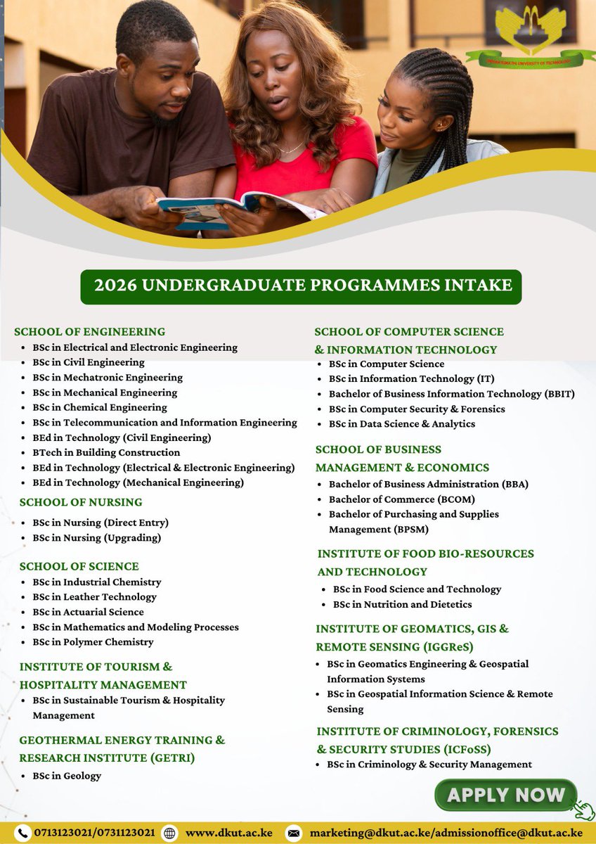 DeKUTkenya's tweet photo. Your future starts here! 

Applications for the 2026 Undergraduate Intake are now open at Dedan Kimathi University of Technology. With a wide range of programs across engineering, computer science, business, nursing, science, and more,

#DeKUT #UndergraduateIntake2026 #ApplyNow https://t.co/PptFiPDcTh